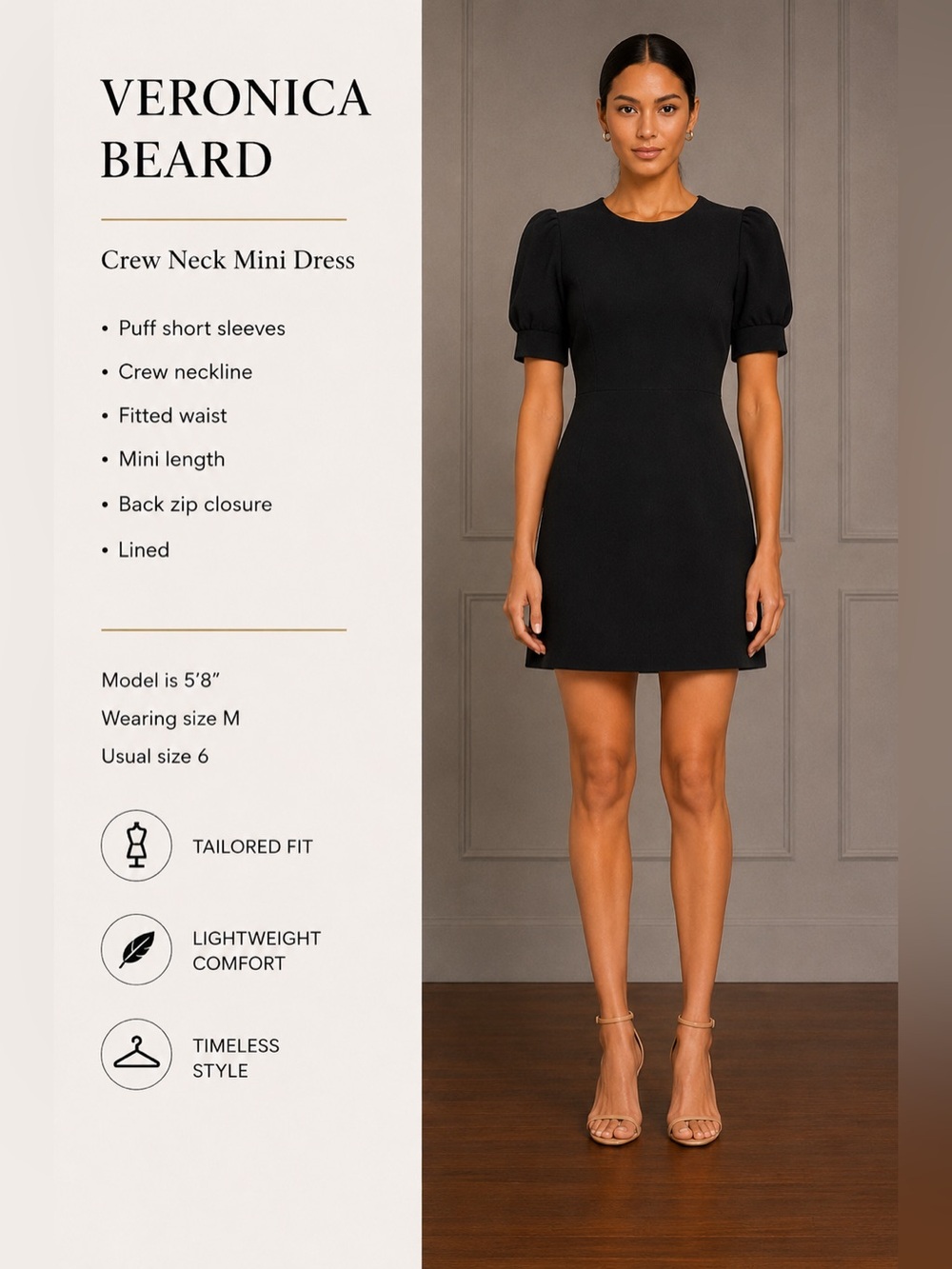 Veronica Beard Black Puff Sleeve Mini Dress Crew Neck Size 6 M